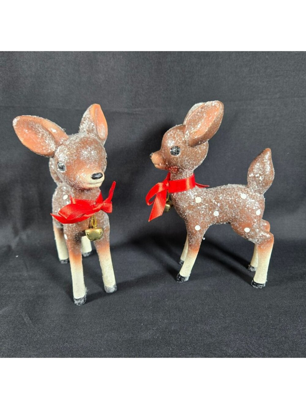 Set 2 Vtg Inspired Glittered Reindeer Fawn Figurines Red Bows Bell Retro Holiday